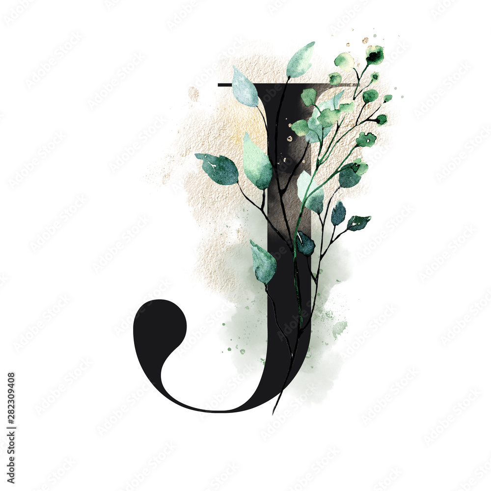 Letter J With Watercolor Leaf Floral Alphabet Monogram Initials