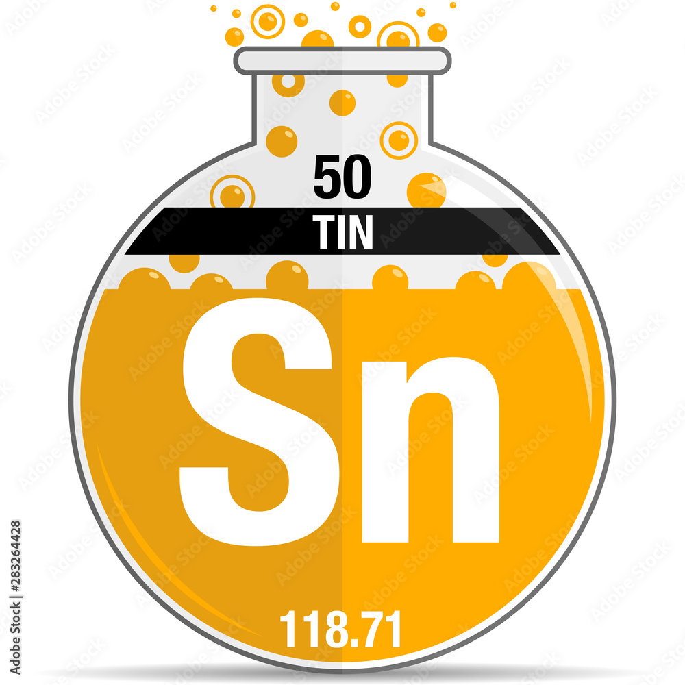 Tin Symbol On Chemical Round Flask Element Number 50 Of The Periodic