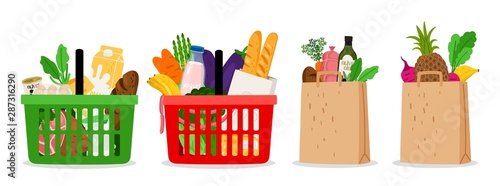 Grocery food basket. Eco shopping bags and baskets with food. Vector supermarket illustration