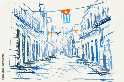 Rysynek ręcznie rysowany. Widok starej uliczki w Hawanie na Kubie