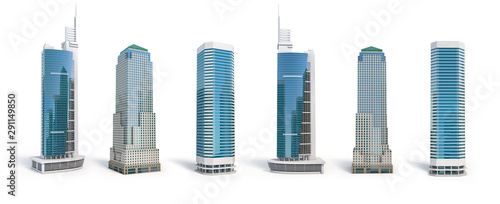 Set of different skyscraper buildings isolated on white.