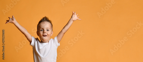 Young boy kid in white t-shirt celebrating happy smiling laughing with hands spreading up on yellow