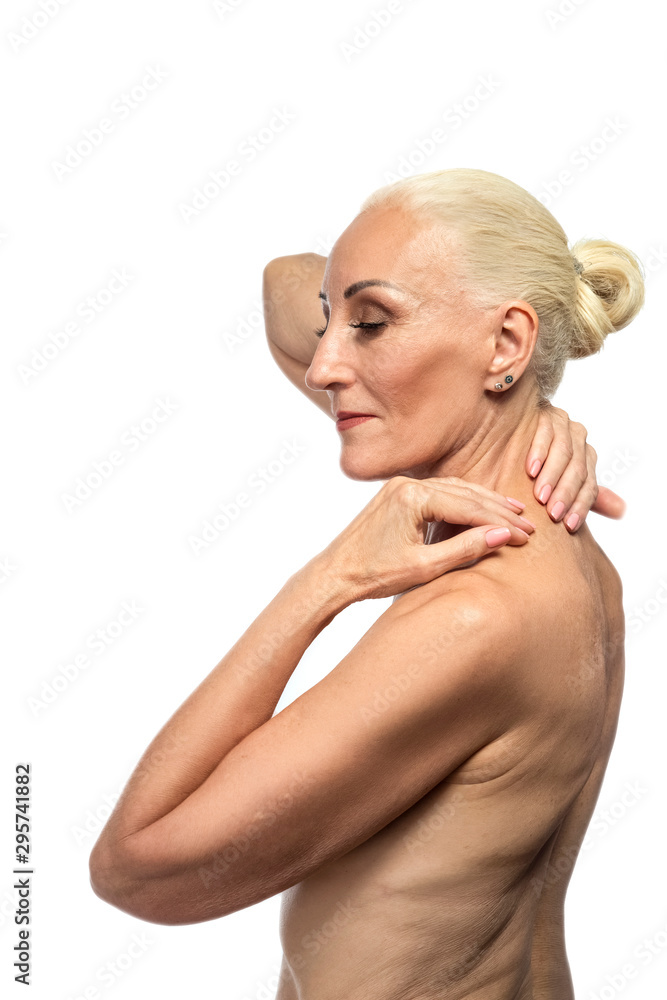 Senior Female People Concepts Portrait Of Senior Nude Woman With Hands