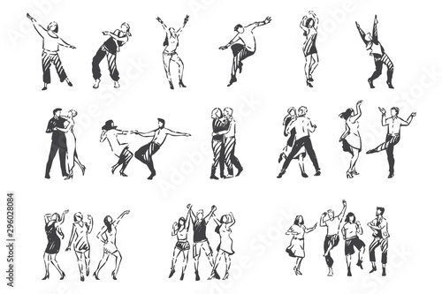People dancing to music concept sketch. Hand drawn isolated vector