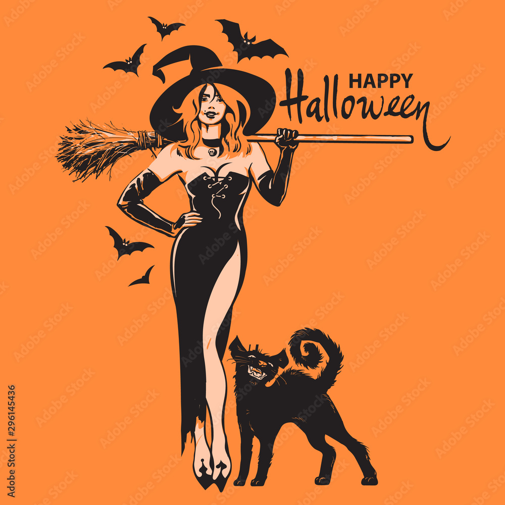 Happy Halloween Hand Drawn Text Beautiful Sexy Witch Holding