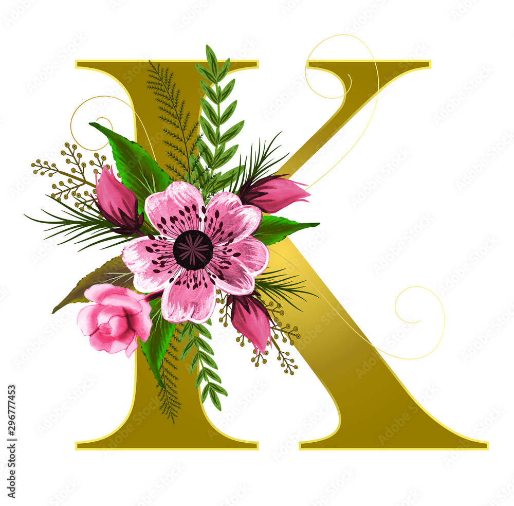 Gold Alphabet Flowers Letter K With Watercolor Flowers And Leaves