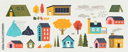 Cute houses. Trendy rural hand drawn landscape with buildings trees mountains and clouds. Vector paper cut flat design countryside with isolated elements architecture and nature icons