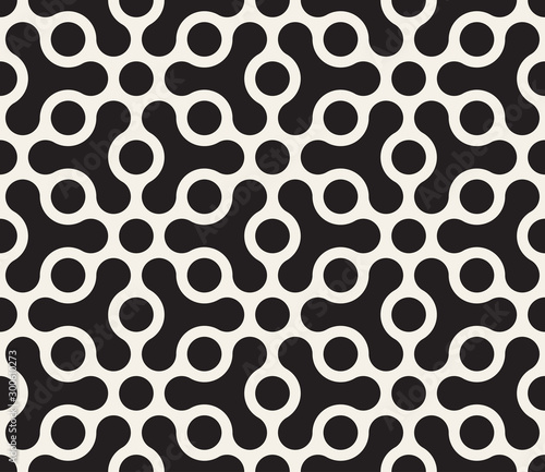 Vector seamless geometric pattern. Contrast abstract background. Polygonal grid with rounded shapes and circles.