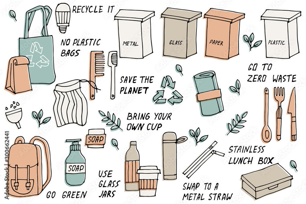 Vector Illustration Zero Waste Recycle Eco Friendly Tools Collection