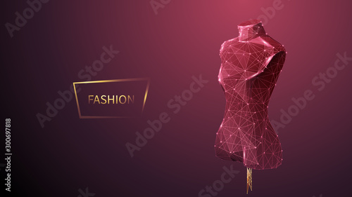 Fashion low poly wireframe vector banner template. Polygonal 3D mannequin. Clothes designer workshop, dressmaker atelier mesh art illustration. Fashionable boutique. Connected dots with lines 