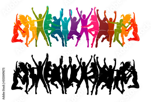 Illustration vector silhouettes party dance colorful group of jumping people dancing. Jazz funk, hip-hop, house dance. Dancer man on white watercolor background. Happy celebration. Hand up