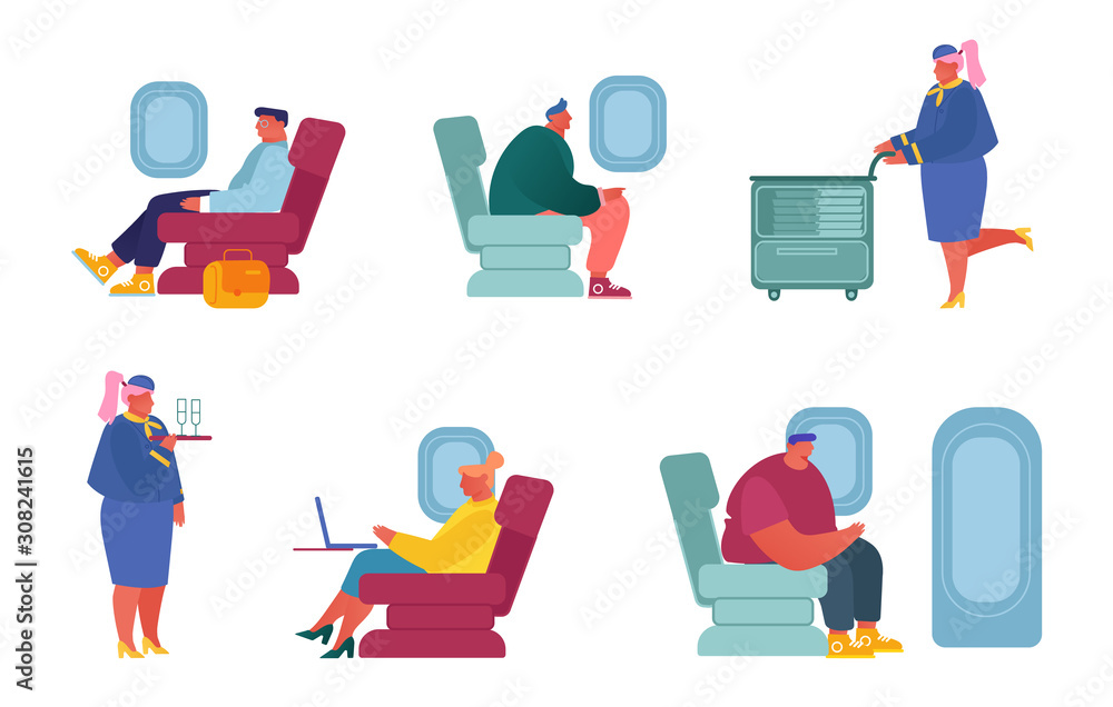 Set Airplane Crew And Passenger Characters In Plane Isolated On White