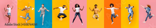 Collage of positive multiracial young people jumping over colorful backgrounds