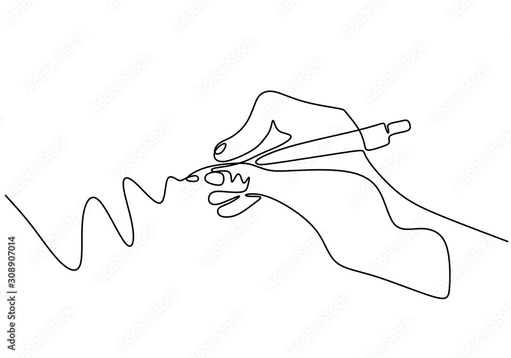 Continuous One Line Drawing Of Hand Writing With Ink Pen Or Pencil