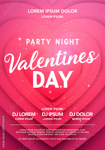 Vector Illustration Valentines Day Party Night Poster. Modern Background With Heart Shape.