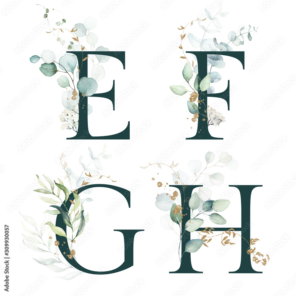 Dark Green Floral Alphabet Set Letters E F G H With Green Leaves