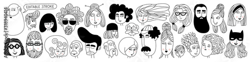 Hand drawn doodle set of people faces. Perfect for social media, avatars. Portraits of various men and women. Trendy black and white icons collection. Vector illustration. All elements are isolated