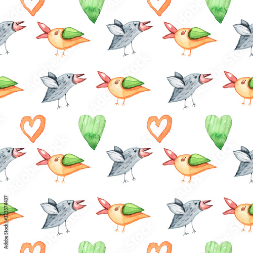 Cute birds on white background. Watercolor hand painted kids seamless pattern. Can be used for scrapbooking paper, design wrapping paper, packaging, fabric, background