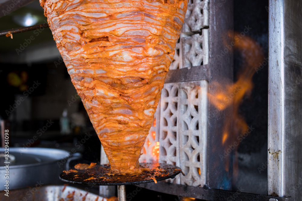 Trompo De Carne Con Fuego Comida Mexicana Tacos Al Pastor Stock Photo