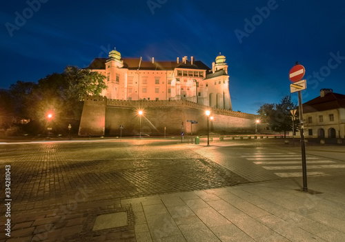 Wawel Royal Castle In Krakow, Poland. The castle was built at the behest of King Casimir III the Great, it consists of a number of structures situated around the Italian-styled main courtyard, Poland