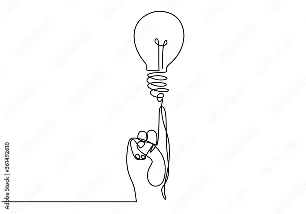 Vetor De Continuous One Line Drawing Of Hand Pointing A Bulb Lamp