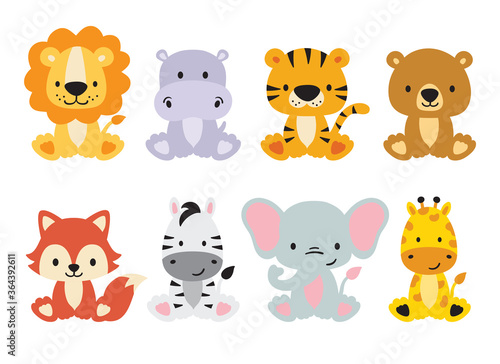 Cute wild animals set including lion, tiger, hippo, bear, fox, zebra, giraffe, and elephant. Safari jungle animals vector. Woodland animal illustration.
