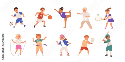 Happy children playing sport game, doing physical exercise. Training set. Football, baseball, tennis, karate. Active healthy childhood. Flat vector cartoon illustration isolated on white background