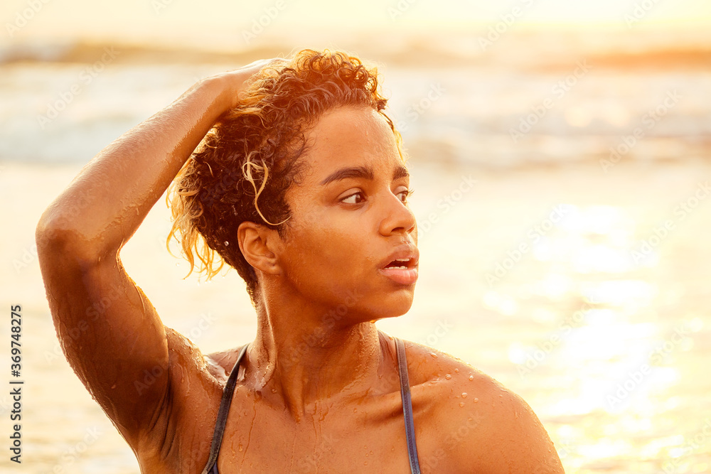 Beautiful Portrait Of African American Surfer Woman With Wet Afro