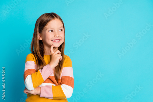 Close-up portrait of her she nice-looking attractive creative cheerful glad long-haired girl learning creating solution strategy copy space isolated bright vivid shine vibrant blue color background