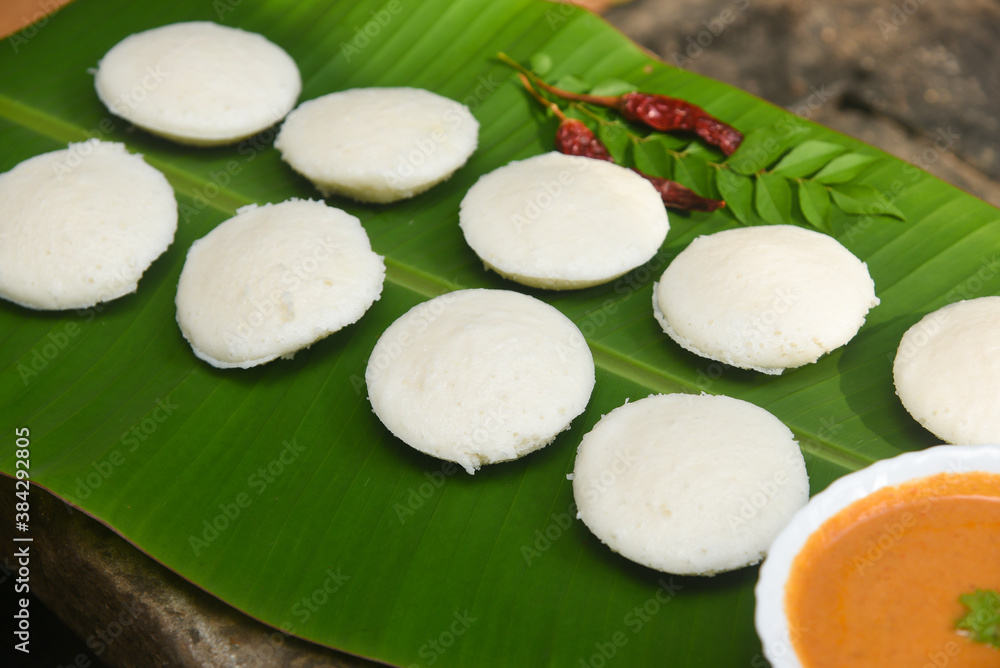 Indian Idly Served On Traditional Banana Leaf Vegetarian Food Lots Of