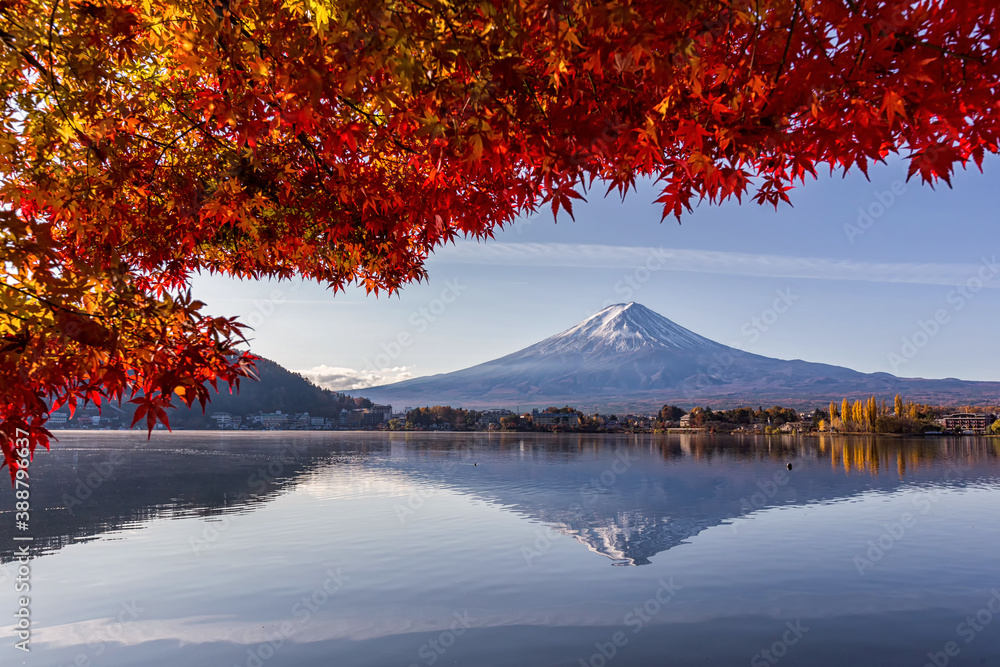 Fuji Mountain And The Red Maple In Autumn Over Lake Kawaguchiko At