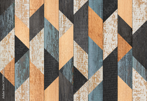 Colorful wooden wall with geometric pattern. Wood texture background. Weathered wooden planks. 