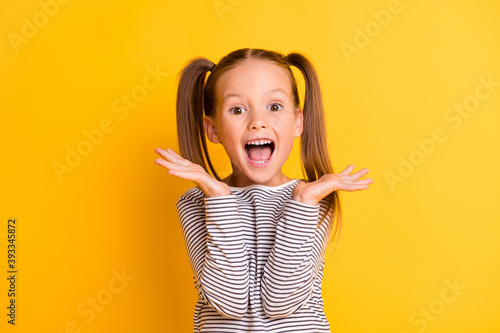 Portrait of young excited shocked crazy smiling girl child kid hold hands isolated on yellow color background