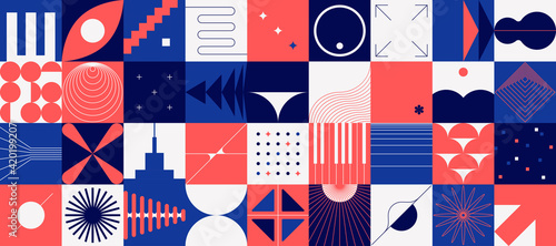 Brutalism shapes. Abstract minimal background. Composition of red and blue geometric figures in squares. Decorative modernism design elements. Vector flat forms or concentric circles