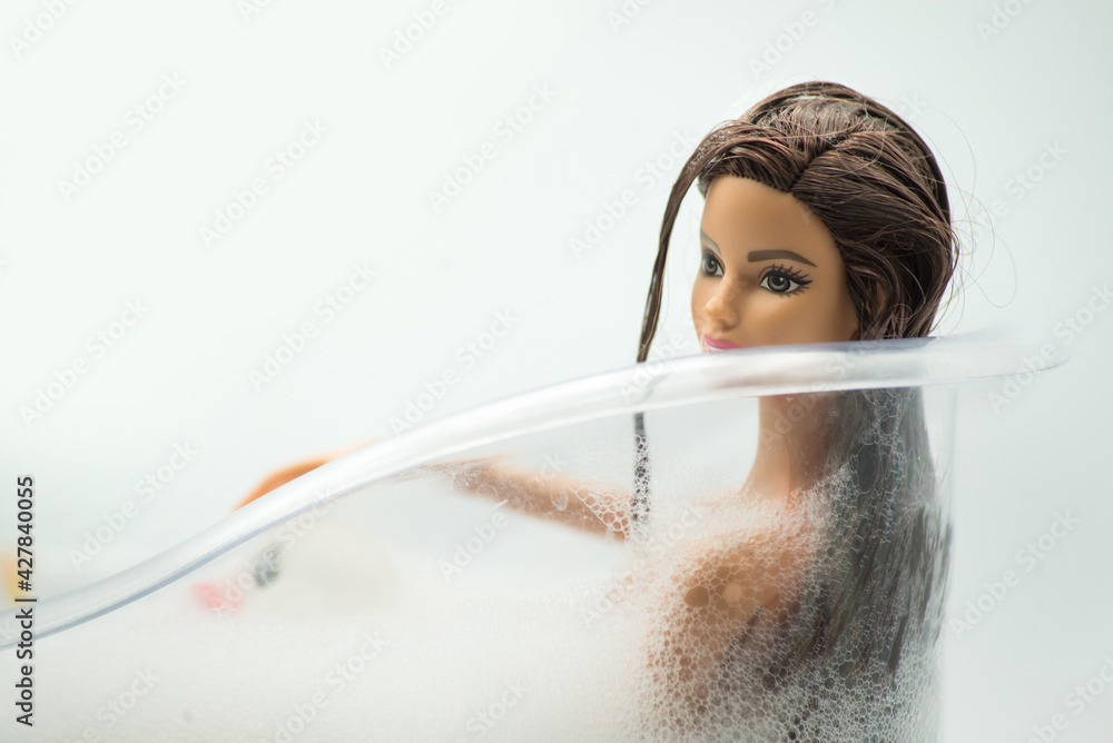 Mulhouse France April Portrait Of Brunette Barbie Doll In A Transparent Bath Tub