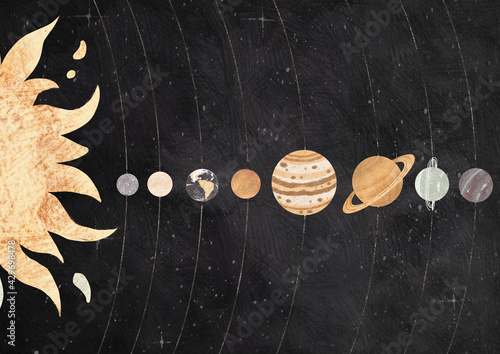 Vintage Solar System poster on dark background with stars. Retro set of planets hand drawn illustration. High quality illustration. Subtle pastel colors