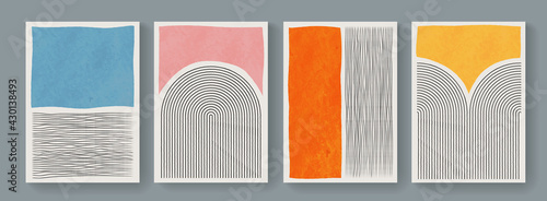 Set of minimal geometric posters. Mid-Century Modern Art with Watercolor Shapes. Trendy artistic abstract background.