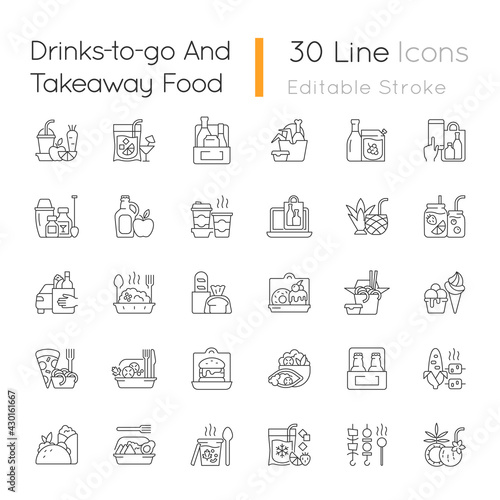 Drinks to go and takeaway food linear icons set. Fresh juice. Alcoholic beverage. Wine, beer, cocktail. Customizable thin line contour symbols. Isolated vector outline illustrations. Editable stroke