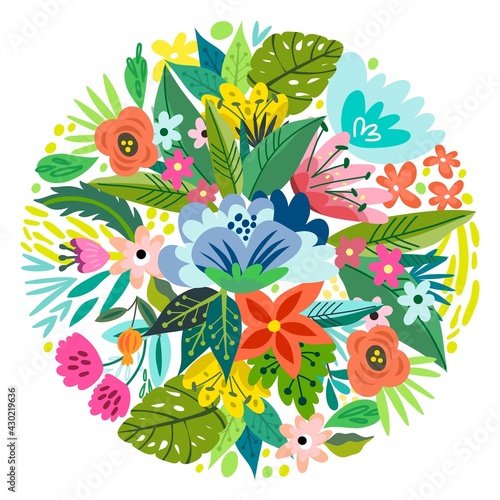 Beautiful cycle made of flowers in vector. Romantic cartoon invitation card. Stylish design element in bright colors.