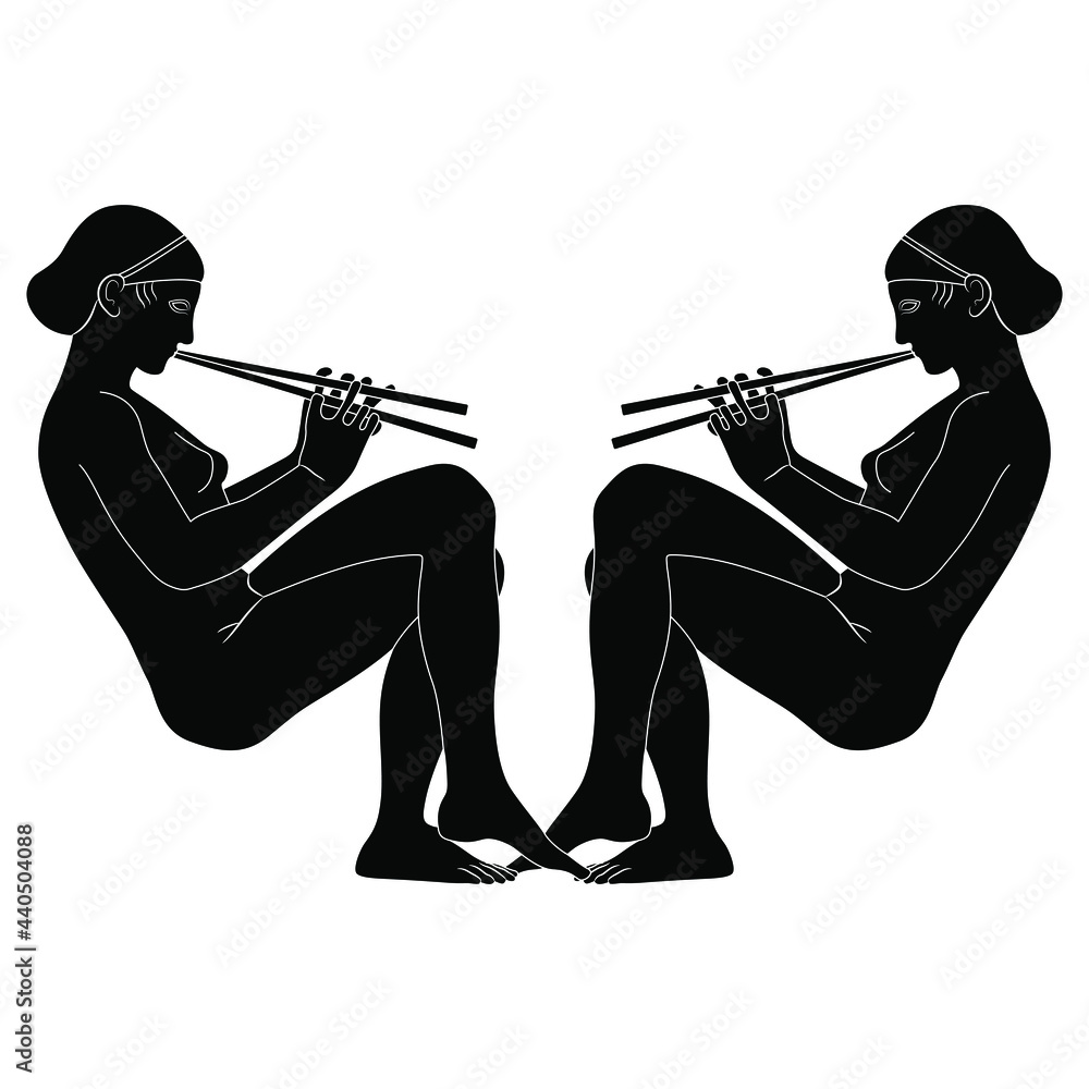 Symmetrical Design With Two Beautiful Seated Naked Ancient Greek Women Playing Flute Antique