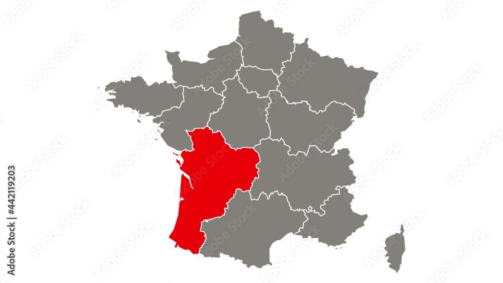 Nouvelle Aquitaine Region Blinking Red Highlighted In Map Of France