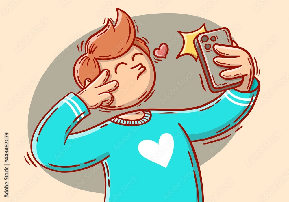 Ilustración chico joven influencer haciéndose un selfie y foto para