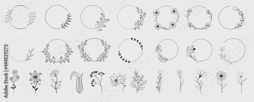 Decorative round floral frames made of blooming flowers hand drawn with contour lines on white background. Vintage laurel wreaths collection. Set of circular natural design element.Vector illustration