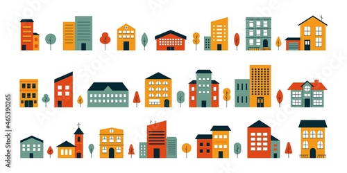 Abstract house big set. Flat colored city buildings, house exterior neighborhood icons. Vector isolated illustration