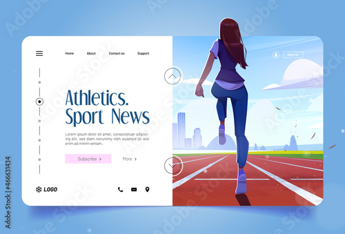 Athletics banner with girl jogging on race track on stadium. Vector landing page of sport news with cartoon illustration of woman training on red running lane