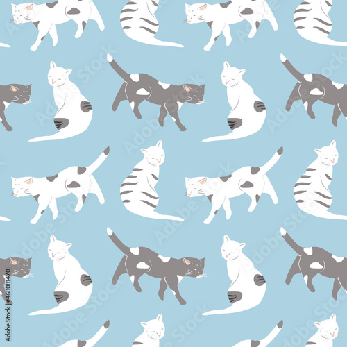 cute vector seamless pattern with hand drawn cats in various poses. childish ornament. pattern for printing on fabric, clothing, wrapping paper, wallpaper for a kid's room, baby things 