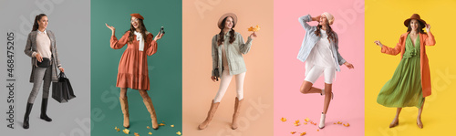 Set of stylish young woman in autumn clothes on color background