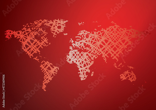red background with abstract world map - vector curves