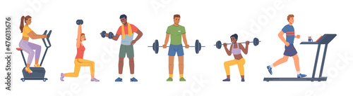 People working out in gym using barbells and dumbbells, treadmill running track and bike. Keeping fit and leading active lifestyle. Bodybuilding and strengthening body with exercises. Vector in flat