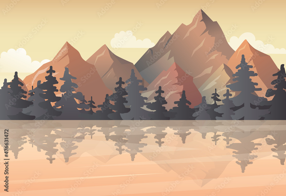 Mountain Lake Landscape Vector Illustration Cartoon Flat Panorama Of